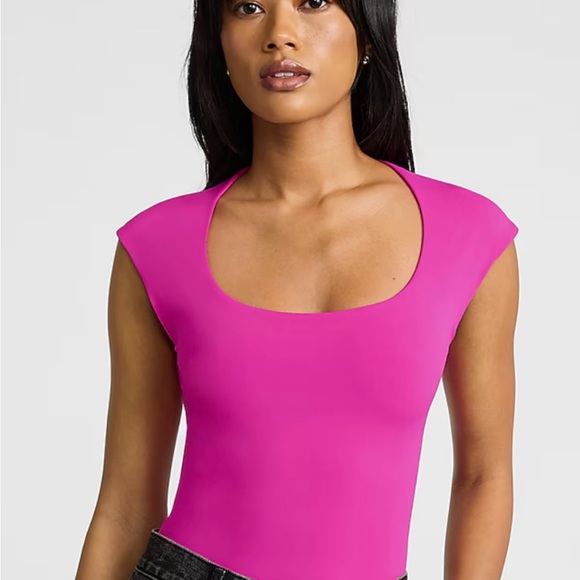Express Tops - Express Pink Fitted Bodysuit with Cap Sleeves